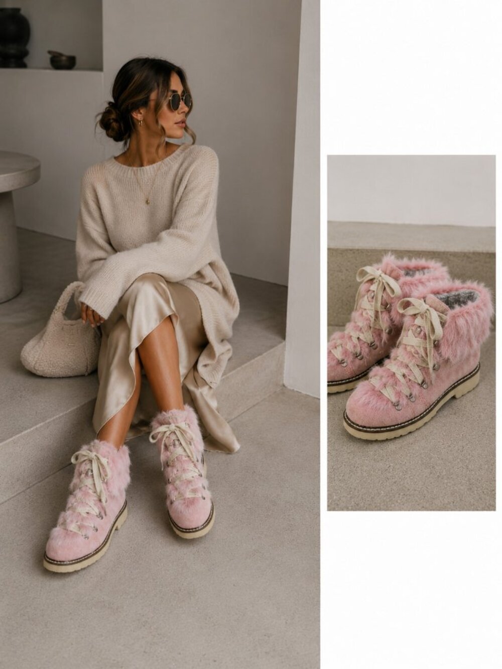 Elena Solano Pink Rabbit Fur Suede Winter Hiking Boots US 7.5 Made In Italy